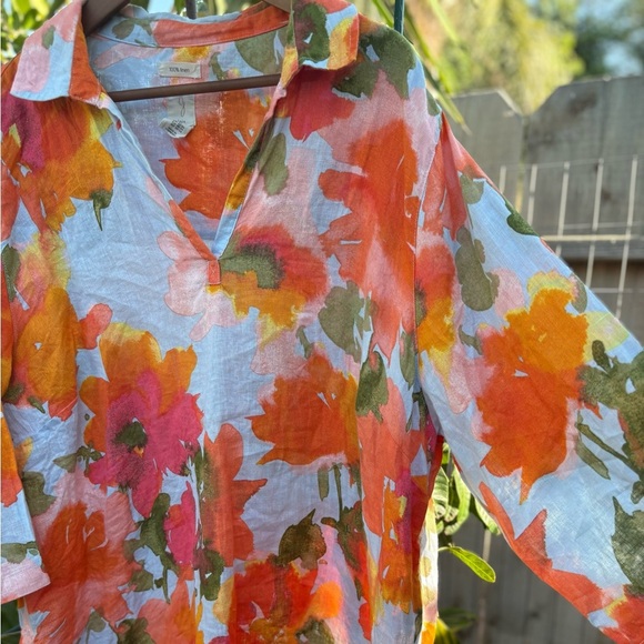 Joie 100% Linen Floral V-Neck Oversized Tunic Blouse - Picture 2 of 7